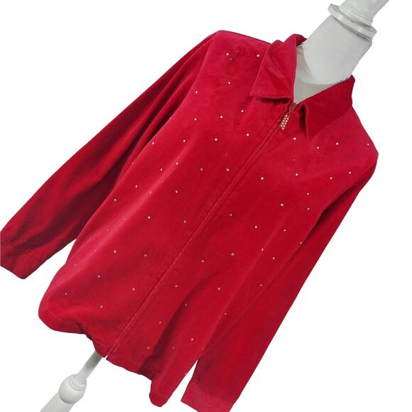 NWT! QUACKER FACTORY! RICH RED VELVET ZIPPER FRONT RHINESTONED TOP, SHIRT! SZ L - Picture 1 of 12